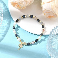 Tree Brass Micro Pave Clear Cubic Zirconia Charm Natural Aquamarine Round and Faceted Cube Lapis Lazuli Beaded Stretch Bracelets for Women, Golden, Coconut Tree, Inner Diameter: 2.36 inch(6cm), tree: 16.5x9mm