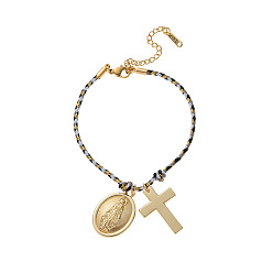 Cross 304 Браслеты с подвесками из нержавеющей стали и хлопкового шнура, реальный 18 k позолоченный, крест и овал с девой марией, 6.30 дюйм (16 см)