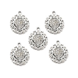 Crystal Alloy Rhinestone Pendants, Platinum Tone Flat Round with Heart Charms, Crystal, 20.5x17x2.8mm, Hole: 2mm