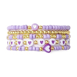 Lilac 5Pcs 5 Styles Heart Acrylic & Glass Seed Beaded Stretch Bracelet Sets, Stackable Bracelets for Women, Lilac, Inner Diameter: 2~2-3/8 inch(5.2cm), 1pc/style