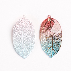 Colorful Rainbow Color Resin Pendants, Golden Metal Enlaced, for DIY Earring Making, Leaf, Colorful, 40x21x5mm, Hole: 1.2mm