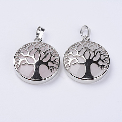 Розовый Кварц Природного розового кварца подвески, латунная фурнитура с платиновым покрытием, плоские круглые с дерева жизни, 31x27x8 мм, отверстие : 3.5x7 мм