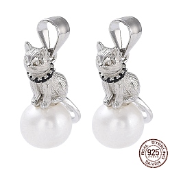 Platinum Rhodium Plated 925 Sterling Silver Micro Pave Cubic Zirconia Pendants, with Natural Pearl Beads, Cat Charms, Platinum, 18.5x8x10mm, Hole: 3.2x4.4mm