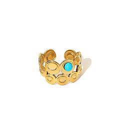 Round 304 Stainless Steel & Turquoise Cuff Open Rings, Golden, Round, 12mm, Inner Diameter: 20mm