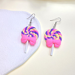 Ярко-Розовый Сплав полимерной глины болтаться серьги, леденец, платина, ярко-розовый, 65x25 мм