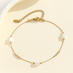 Белый 304 Браслеты на лодыжку из нержавеющей стали с бусинами из стеклянных колонн, золотые, белые, 7-7/8 дюйм (200 мм)