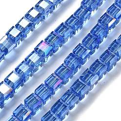 Озёрно--синий Стеклянные бусины с гальваническим покрытием , кубические, AB цвет, граненые, Плут синий, 7x7x7 мм, отверстие : 1.4 мм, около 99 шт / нитка, 27.44'' (69.7 см)