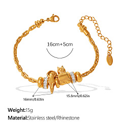 Cat Shape 304 Браслеты из нержавеющей стали и кубического циркония, браслеты-цепочки со скрепками для женщин, золотые, форма кошки, 6.30 дюйм (16 см)