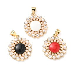 (52) Непрозрачная лаванда Латунь эмаль подвески, круглые, с абс пластмассовой имитационной жемчужиной, без кадмия и без свинца, реальный 18 k позолоченный, разноцветные, 22x20x4 мм, отверстие : 4x4.5 мм