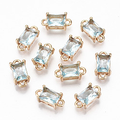 Light Cyan Transparent Glass Links Connectors, with Light Gold Tone Brass Findings, Long-Lasting Plated, Cadmium Free & Lead Free, Rectangle, Light Cyan, 12x6x4.5mm, Hole: 1.4mm