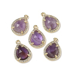 Аметист Подвески-капли из натурального аметиста с гранеными каплями, подвески-капли из латуни с микропаве из прозрачного кубического циркония, стойки покрытие, долговечный, золотые, 16.5x12x5 мм, отверстие : 1.2 мм