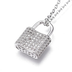 Stainless Steel Color Brass Micro Pave Clear Cubic Zirconia Pendant Necklaces, with 304 Stainless Steel Cable Chains, Lock, Stainless Steel Color, 17.72 inch(45cm)