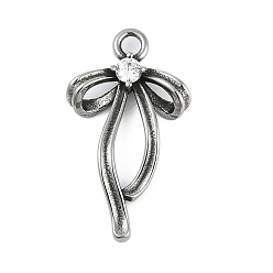 Прозрачный 316 кулоны из хирургической нержавеющей стали с микропаве и кубическим цирконием., античное серебро, очарование бантом, прозрачные, 27x15.5x5 мм, отверстие : 2.2 мм