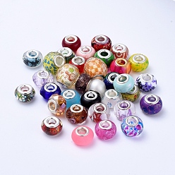 Gemischte Farbe Europäische Perlen aus Glas und Harz, Großloch perlen, mit silberner Farbe Messingkern, Rondell, Gemischte Farbe, 13.5~15.5x8.5~15.5 mm, Bohrung: 4.5 mm
