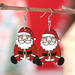 Платина Серьги-подвески с двусторонней печатью на дереве, платина, Дед Мороз, платина, 60x32 мм