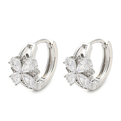 Платина Серьги-кольца из латуни с цирконием, цветок, платина, 14.5x10 мм