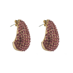 Light Rose Alloy Rhinestone Stud Earring, Teardrop, Golden, Light Rose, 32x18mm