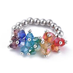 Farbig Chakra-Schmuck, 304 Stretch-Fingerringe aus Edelstahl, mit galvanischen Glasperlen und Messingzubehör, Edelstahl Farbe, Größe 8, 18 mm