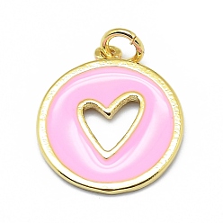 Pink Латунь эмаль подвески, круглый с вырезанным сердцем, реальный 18 k позолоченный, долговечный, розовые, 18x15.5x1 мм, отверстие: 3 мм, переходные кольца: 5x0.7 мм