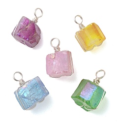 Серебро Подвески из гальванизированных самородков натурального кварца, подвески неправильной формы из медной проволоки, разноцветные, серебряные, 19.5x10x11.5 мм, отверстие : 3.5 мм