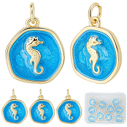Настоящее золото 18K 10 кулоны латунные эмалевые шт., с прыжковых колец, долговечный, плоские круглые с морской конек, глубокое синее небо, реальный 18 k позолоченный, 17x14.5x2.5 мм, отверстие : 3.5 мм
