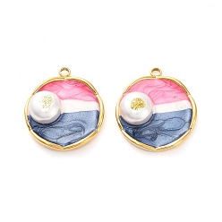 Малиновый 304 нержавеющей стальной эмали подвески, с блестящей пудрой и искусственным жемчугом, плоский круглый шарм, ионное покрытие (ip), реальный 18 k позолоченный, малиновый, 21x19x7 мм, отверстие : 1.8 мм