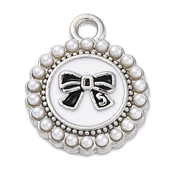 Платина Стойки обшивки сплава эмали подвески, с абс пластмассовой имитационной жемчужиной, без кадмия, без никеля и без свинца, плоский круглый с бантом, платина, 17.5x15x2.5 мм, отверстие : 1.8 мм