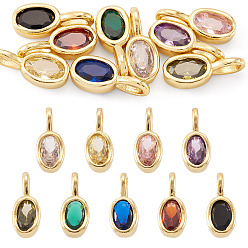 Mixed Color 9Pcs 9 Colors Oval Brass Micro Pave Cubic Zirconia Charms, Rack Plating, Long-Lasting Plated, Cadmium Free & Lead Free, Golden, Mixed Color, 12x5x4mm, Hole: 3.5x2mm, 1pc/color 
