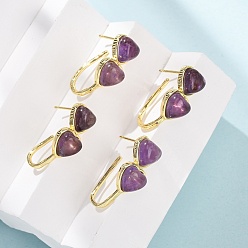 Аметист Серьги-гвоздики в форме сердца с натуральным аметистом ко Дню святого Валентина, с латунными застежками для сережек с гальваническим покрытием, золотые, 26x10 мм