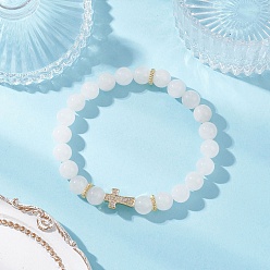 Малайский Нефрит Браслеты из натуральных круглых бусин малайзийского нефрита, Женские украшения с крестом из латуни с микропаве из кубических цирконий, внутренний диаметр: 2-3/8 дюйм (5.9 см)