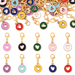 Золотой 40 шт. 10 цвета цинковый сплав эмаль плоская круглая с полым сердцем подвеска украшения, с карабин-лобстерами , золотые, 26 мм, 4 шт / цвет