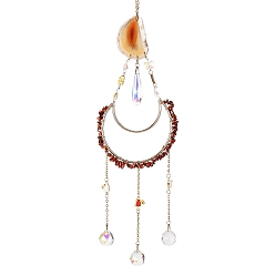Clear AB Moon Metal & Natural Red Jasper Chip Pendant Decorations, Hanging Suncatchers, with Glass Teardrop Charm and Agate Link, for Home Car Decorations, Clear AB, 445mm