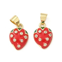 Настоящее золото 18K Латунные микро проложить кубического циркония подвески, с эмалью, клубника прелести, без свинца и без кадмия, стойки покрытие, долговечный, реальный 18 k позолоченный, 14x10x4 мм, отверстие : 4.5x3.5 мм