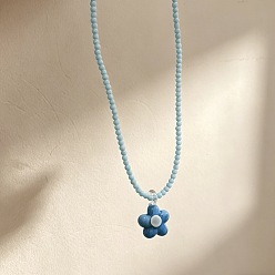 Steel Blue Summer Acrylic Flower Pendant Beaded Necklaces for Women, Steel Blue, 15.75 inch(40cm)