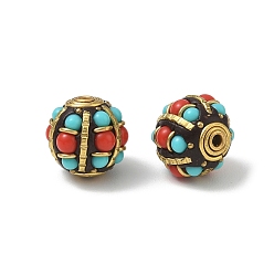 Red Brass & Resin & Polymer Clay Beads, Round, Golden, Red, 16.5~18x17mm, Hole: 1.6~1.8mm