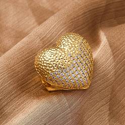 Настоящее золото 18K Латунные микропаве кубические цирконии регулируемые открытые манжеты кольца для женщин, без кадмия и без свинца, сердце, реальный 18 k позолоченный, 24x25.5 мм, внутренний диаметр: регулируемый