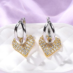 Платиновый & Золотой Латунные серьги-кольца из прозрачного кубического циркония, сердце, без кадмия и без свинца, стойки покрытие, долговечный, платиной и золотом, 30x16 мм