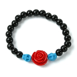 Темно-Голубой Тема Хэллоуина, эластичные браслеты из синтетического черного камня 8.5 мм, расшитые бисером, Браслеты с черепами из цветов, смолы и окрашенной синтетической бирюзы, глубокое синее небо, внутренний диаметр: 2-1/4 дюйм (5.8 см)