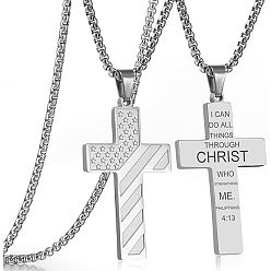 Нержавеющая Сталь Цвет Американский флаг, библейский крест 304 подвески из нержавеющей стали для мужчин, цвет нержавеющей стали, 23.62 дюйм (60 см)