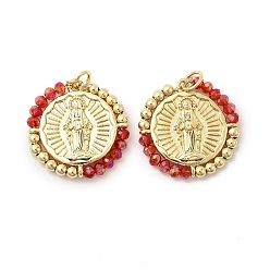 Оранжево-Красный Подвеска из латуни, покрытая стойкой, со стеклом, долговечный, без свинца и без кадмия, круглые, оранжево-красный, 23.5x23x3 мм