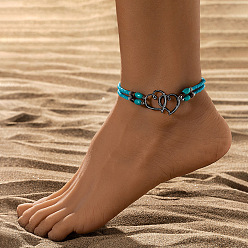 Темно-Голубой Эластичные браслеты на ногу из сплава с двойным сердцем, Двойные ожерелья из синтетической бирюзы и стеклянных бусин, металлический черный , глубокое синее небо, внутренний диаметр: 2-1/2 дюйм (65 мм)
