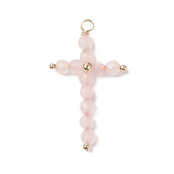 Розовый Кварц Круглые подвески из медной проволоки с огранкой из натурального розового кварца, крест прелести, золотой свет, 38x23x5 мм, отверстие : 2.5 мм
