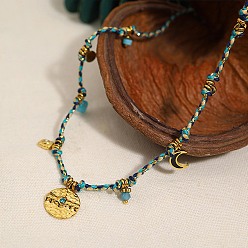 Темно-бирюзовый Стиль бохо 304 ожерелья из вощеного шнура с подвеской в виде диска из нержавеющей стали и синтетической бирюзы для женщин, реальный 18 k позолоченный, темные бирюзовый, 15.94 дюйм (40.5 см)