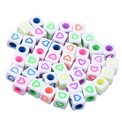 White Opaque White Acrylic European Beads, Large Hole Beads, Cube with Mixed Color Heart, 7x7x7mm, Hole: 4mm, about 760~800pcs/200g