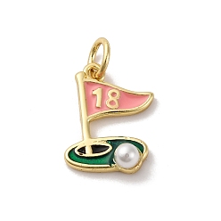 Настоящее золото 18K Латунь эмаль прелести, с ABS имитации жемчуга, гольф 18th лунка очарование, с целью перехода в кольце, без кадмия и без свинца, стойки покрытие, долговечный, реальный 18 k позолоченный, 14x10x4 мм, отверстие : 3.5 мм