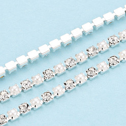 Прозрачный Железо горный хрусталь чашка цепи, с абс пластмассовой имитационной жемчужиной, с катушкой, серебряные, прозрачные, 2.5x2x2 мм, Около 10 ярдов / рулон