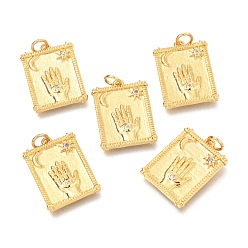 Golden Brass Micro Pave Clear Cubic Zirconia Pendants, with Jump Rings, Rectangle with Hand & Moon & Star, Long-Lasting Plated, Golden, 20.6x15.4x2mm, Hole: 3.5mm