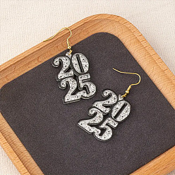 Белый Акриловые серьги болтаться, число 2025, золотые, белые, 57x25 мм