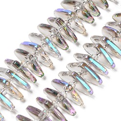 Purple Electroplate Glass Beads Strands, Triangle, Purple, 9x15.5~16x2.8~3mm, Hole: 1mm, about 119~131pcs/strand, 24.21''~24.41''(61.5~62cm)