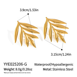 Настоящее золото 18K Серьги-гвоздики из нержавеющей стали в форме листа, реальный 18 k позолоченный, 39x31 мм